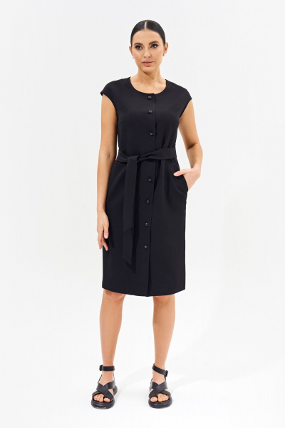 Классическое платье-халат из натуральной ткани с поясом для делового образа FOXY FOX 1550 черный - фото 1