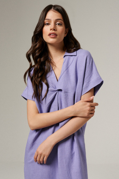 Платье из льняной ткани прямого кроя с карманами и разрезами Панда 174080w лиловый - фото 2