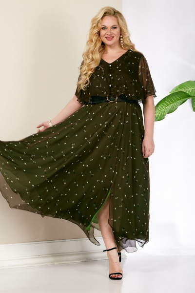 Платье нарядное из шифона с разрезом и поясом Anastasia 887.1 олива - фото 8