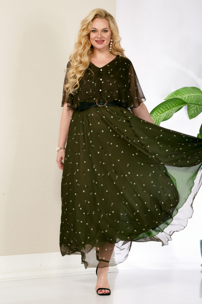 Платье нарядное из шифона с разрезом и поясом Anastasia 887.1 олива - фото 7