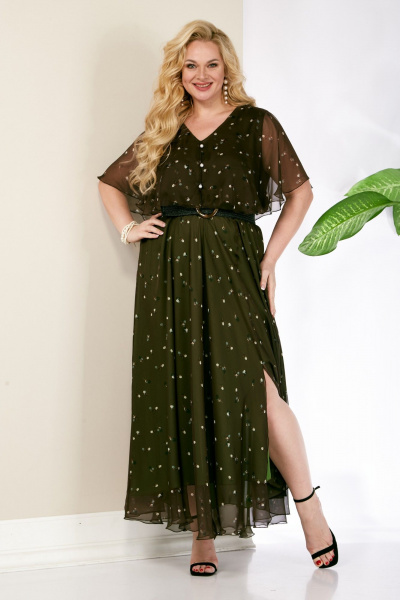 Платье нарядное из шифона с разрезом и поясом Anastasia 887.1 олива - фото 3