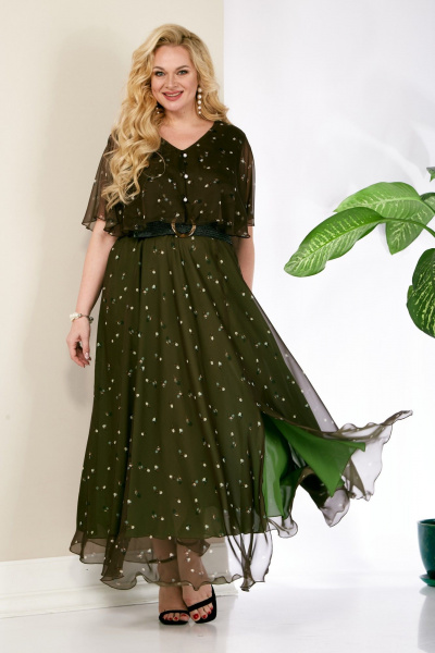 Платье нарядное из шифона с разрезом и поясом Anastasia 887.1 олива - фото 2