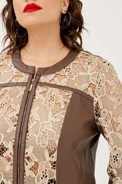 Жакет и юбка из эко-кожи с гипюром на пуговицах демисезон Almirastyle 338 коричневый - фото 6