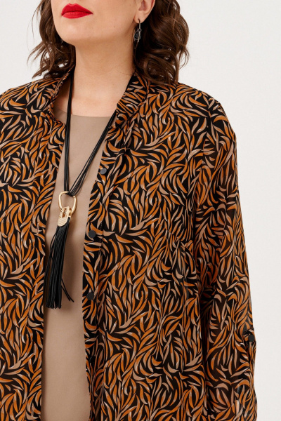 Блуза и платье из трикотажа и эко-кожи с разрезами летний комплект Almirastyle 342 коричневый - фото 8