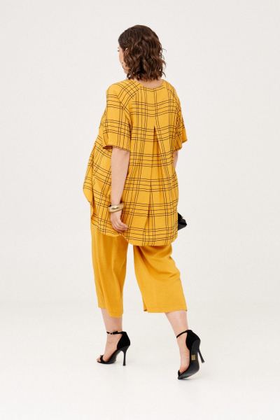 Блуза и брюки из текстиля с гипюром и резинкой летний комплект Almirastyle 348 горчица - фото 7