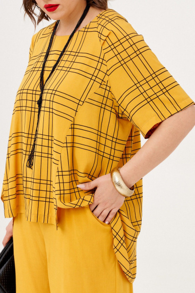 Блуза и брюки из текстиля с гипюром и резинкой летний комплект Almirastyle 348 горчица - фото 5