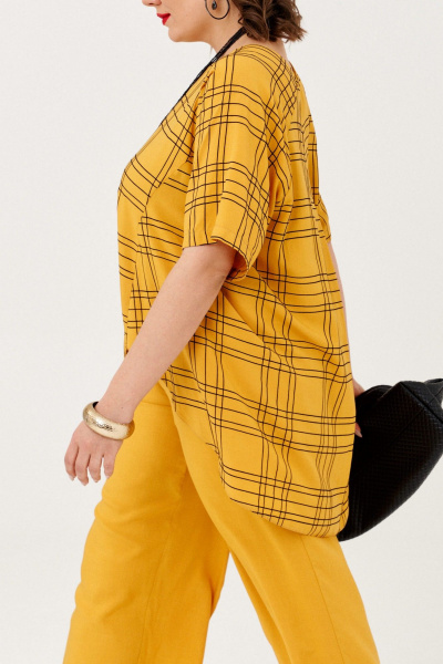 Блуза и брюки из текстиля с гипюром и резинкой летний комплект Almirastyle 348 горчица - фото 4