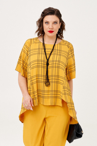 Блуза и брюки из текстиля с гипюром и резинкой летний комплект Almirastyle 348 горчица - фото 3