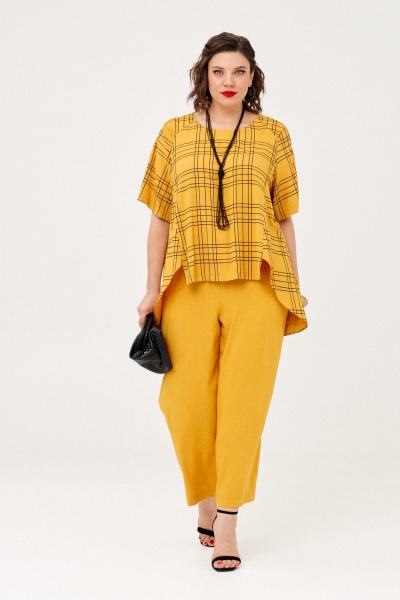 Блуза и брюки из текстиля с гипюром и резинкой летний комплект Almirastyle 348 горчица - фото 2