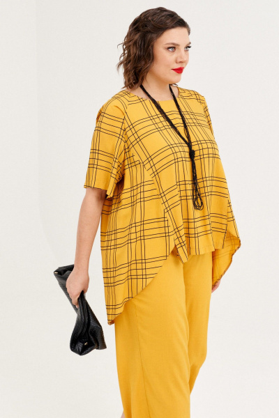 Блуза и брюки из текстиля с гипюром и резинкой летний комплект Almirastyle 348 горчица - фото 1
