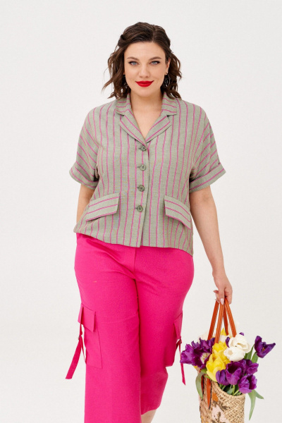 Блуза и брюки из текстиля с гипюром и защипами летний комплект Almirastyle 349 серый,фуксия - фото 2