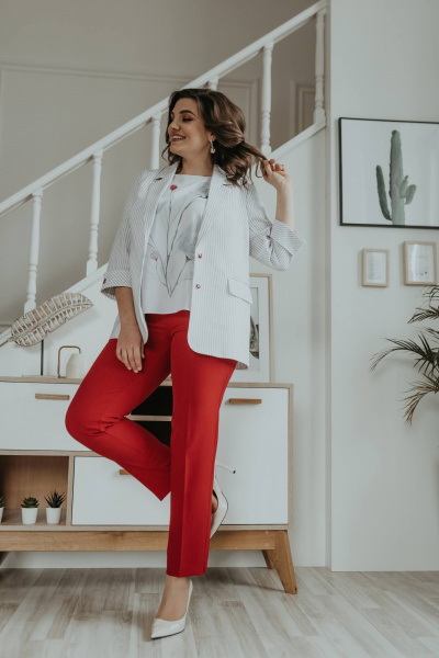 Блуза, брюки, жакет Ольга Стиль С-707/1 полоска_красный - фото 9
