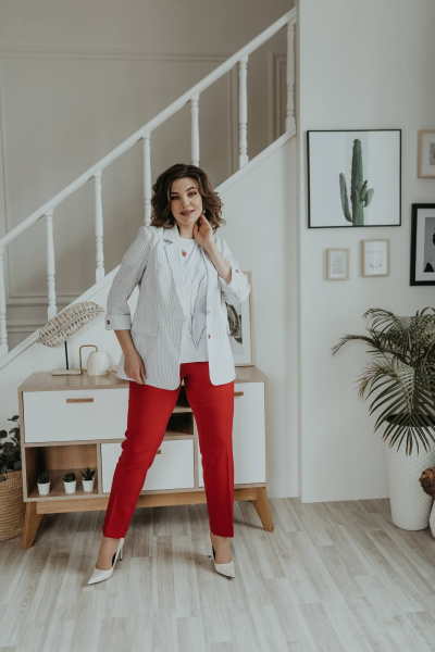 Блуза, брюки, жакет Ольга Стиль С-707/1 полоска_красный - фото 8