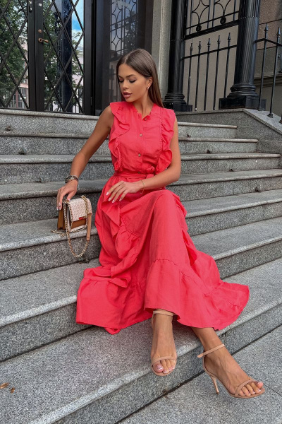 Льняное летнее платье с воланами и пуговицами Pavlova 160 коралловое - фото 2