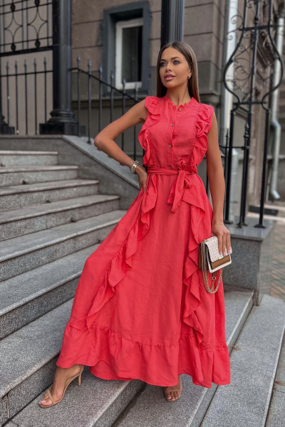 Льняное летнее платье с воланами и пуговицами Pavlova 160 коралловое - фото 3