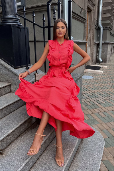 Льняное летнее платье с воланами и пуговицами Pavlova 160 коралловое - фото 4