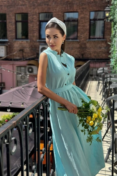 Платье из льна с воланами на каждый день Pavlova 162 бирюза - фото 1