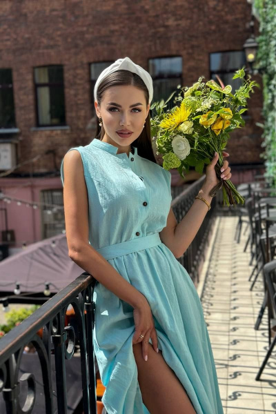 Платье из льна с воланами на каждый день Pavlova 162 бирюза - фото 7