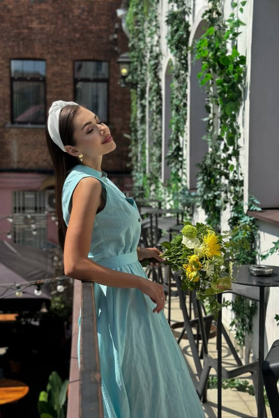 Платье из льна с воланами на каждый день Pavlova 162 бирюза - фото 9