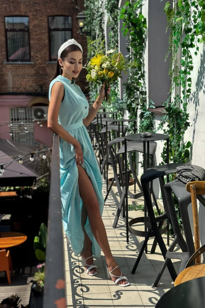 Платье из льна с воланами на каждый день Pavlova 162 бирюза - фото 10