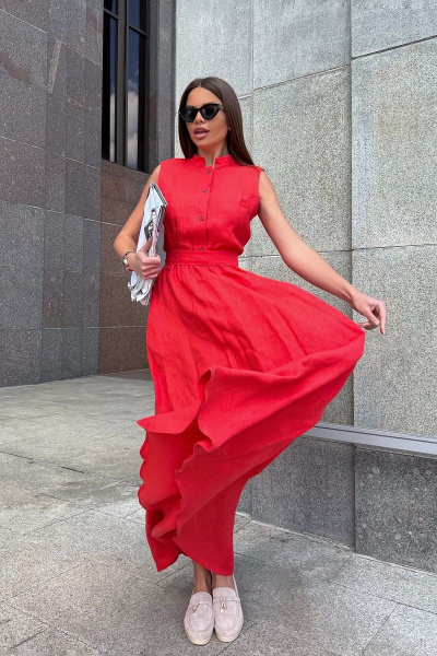 Леновое платье в пол с воланом и ярким акцентом Pavlova 162 коралловый - фото 3