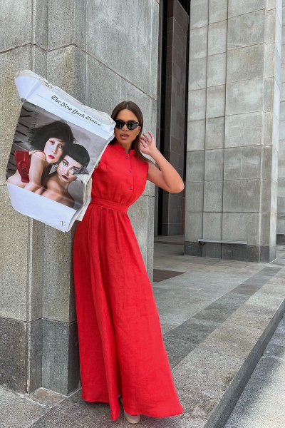 Леновое платье в пол с воланом и ярким акцентом Pavlova 162 коралловый - фото 4