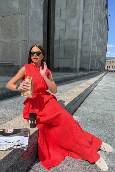 Леновое платье в пол с воланом и ярким акцентом Pavlova 162 коралловый - фото 6