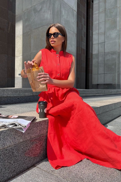 Леновое платье в пол с воланом и ярким акцентом Pavlova 162 коралловый - фото 7