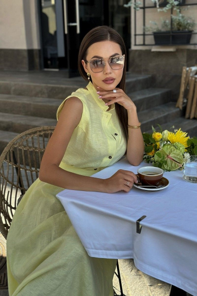 Леновое платье с поясом и свободным кроем Pavlova 162 лимонный - фото 4