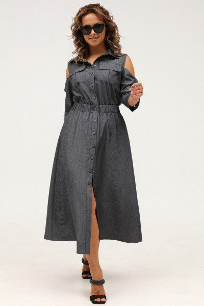 Платье ежедневное серое рубашечного типа с карманами Angelina & Сompany 986 - фото 4