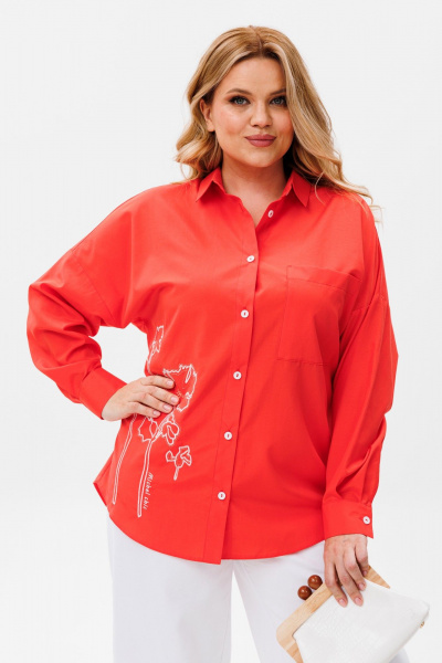 Блуза оверсайз с длинным рукавом и вышивкой Michel chic 778 коралл - фото 2