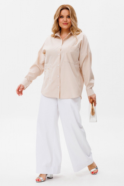 Блуза оверсайз с пуговицами и классическим воротником Michel chic 778 беж - фото 4