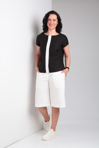 Лененная блуза с коротким рукавом и контрастной деталью, шорты с карманами Ma Vie М649 белый,черный - фото 16