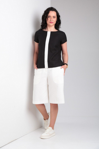 Лененная блуза с коротким рукавом и контрастной деталью, шорты с карманами Ma Vie М649 белый,черный - фото 15