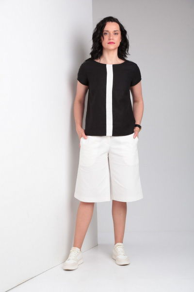 Лененная блуза с коротким рукавом и контрастной деталью, шорты с карманами Ma Vie М649 белый,черный - фото 14