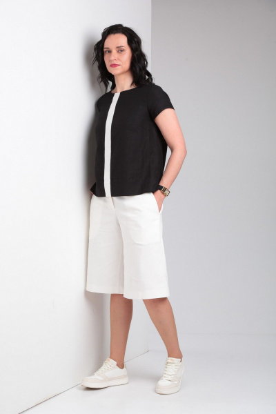 Лененная блуза с коротким рукавом и контрастной деталью, шорты с карманами Ma Vie М649 белый,черный - фото 11
