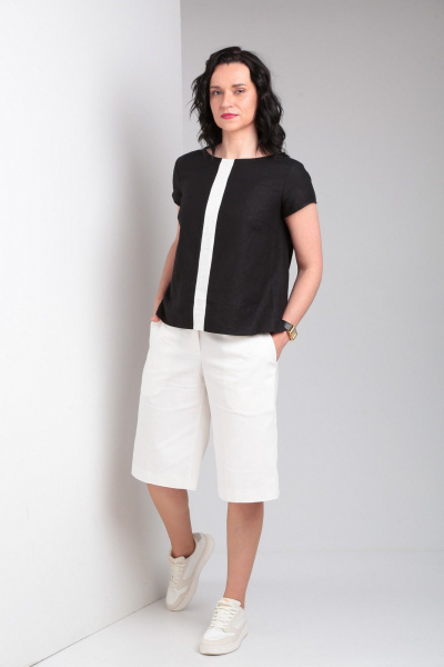 Лененная блуза с коротким рукавом и контрастной деталью, шорты с карманами Ma Vie М649 белый,черный - фото 10