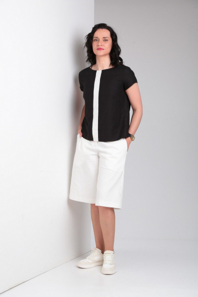 Лененная блуза с коротким рукавом и контрастной деталью, шорты с карманами Ma Vie М649 белый,черный - фото 9