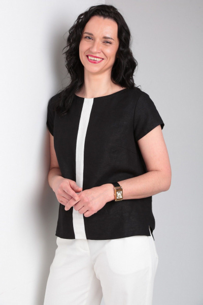 Лененная блуза с коротким рукавом и контрастной деталью, шорты с карманами Ma Vie М649 белый,черный - фото 7