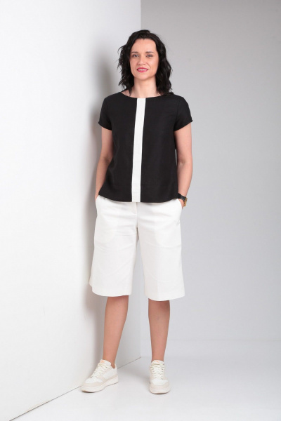 Лененная блуза с коротким рукавом и контрастной деталью, шорты с карманами Ma Vie М649 белый,черный - фото 2