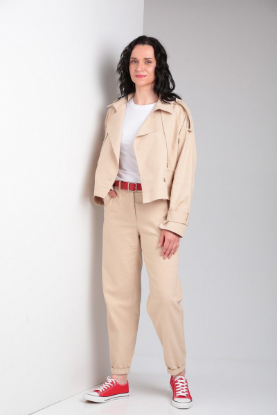 Деловой костюм из текстиля с жакетом и брюками на резинке Ma Vie М662-1 бежевый - фото 8