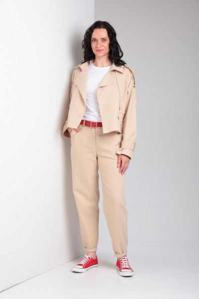 Деловой костюм из текстиля с жакетом и брюками на резинке Ma Vie М662-1 бежевый - фото 7