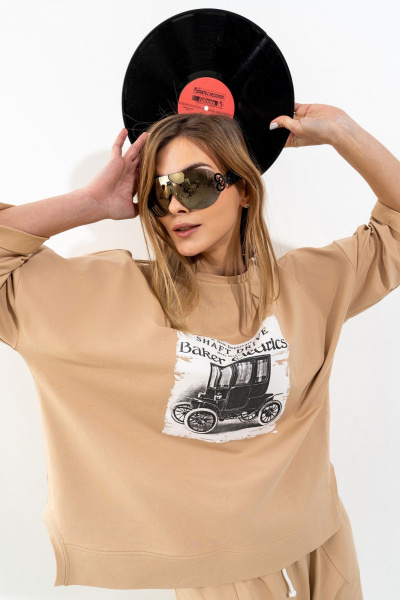 Бежевый костюм с свитшотом и брюками из трикотажа Luna 156 горчица - фото 7