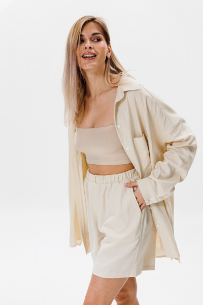 Летний комплект из льна: рубашка и шорты для жаркой погоды FAMA F08-03L молочный экрю - фото 6