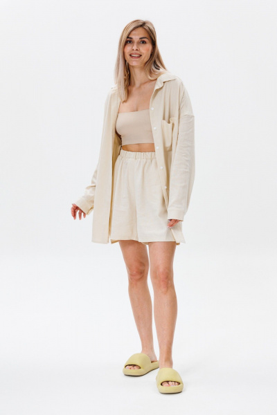 Летний комплект из льна: рубашка и шорты для жаркой погоды FAMA F08-03L молочный экрю - фото 2