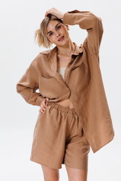 Леновый комплект рубашки и шорт с натурального текстиля FAMA F08-03С коричневый - фото 8