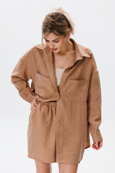 Леновый комплект рубашки и шорт с натурального текстиля FAMA F08-03С коричневый - фото 7