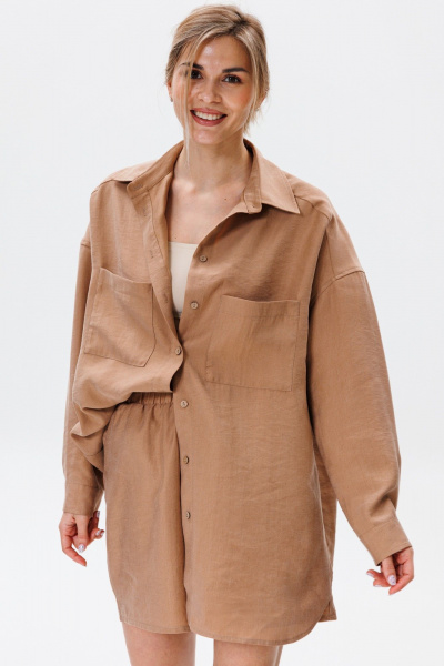 Леновый комплект рубашки и шорт с натурального текстиля FAMA F08-03С коричневый - фото 6