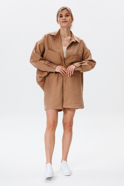 Леновый комплект рубашки и шорт с натурального текстиля FAMA F08-03С коричневый - фото 5