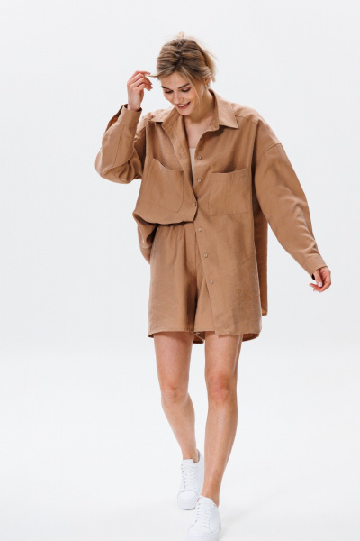 Леновый комплект рубашки и шорт с натурального текстиля FAMA F08-03С коричневый - фото 4